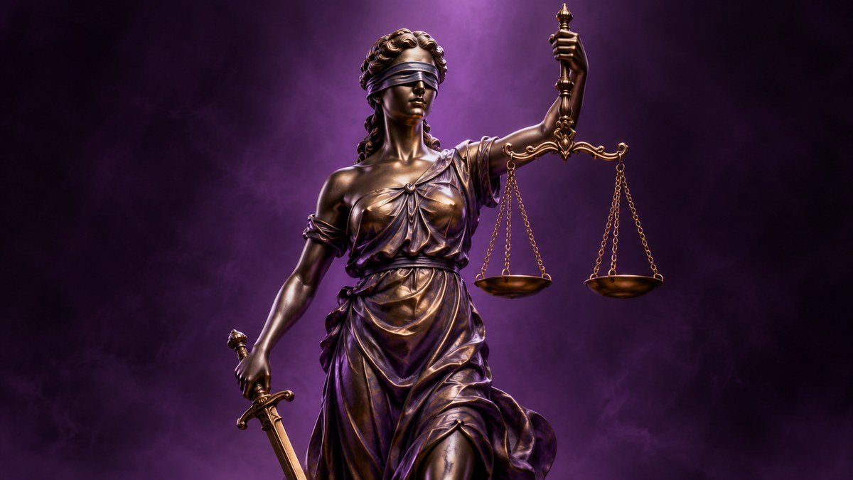 Escultura da Justiça em tons de vinho e dourado